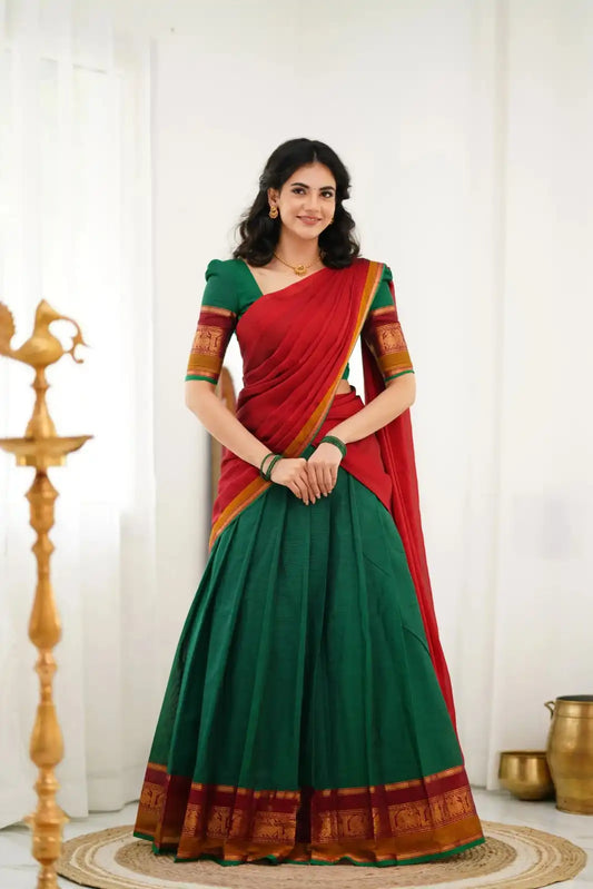 Vally Vol 96 Green Cotton Silk South Style Half Lehenga Saree