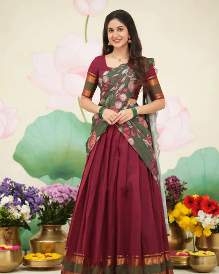 Vally Vol 98 Maroon Cotton Silk South Style Half Lehenga Saree