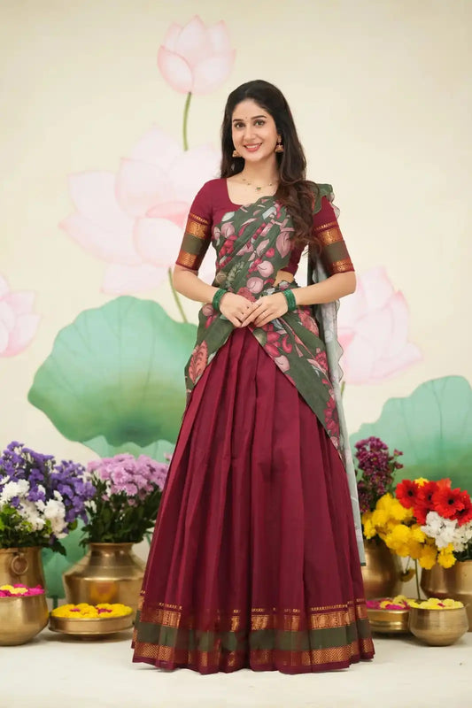 Vally Vol 98 Maroon Cotton Silk South Style Half Lehenga Saree