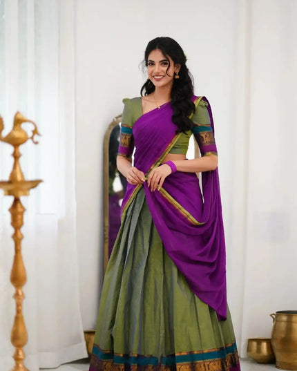 Vally Vol 82 Olive Green Cotton Silk South Style Half Lehenga Saree