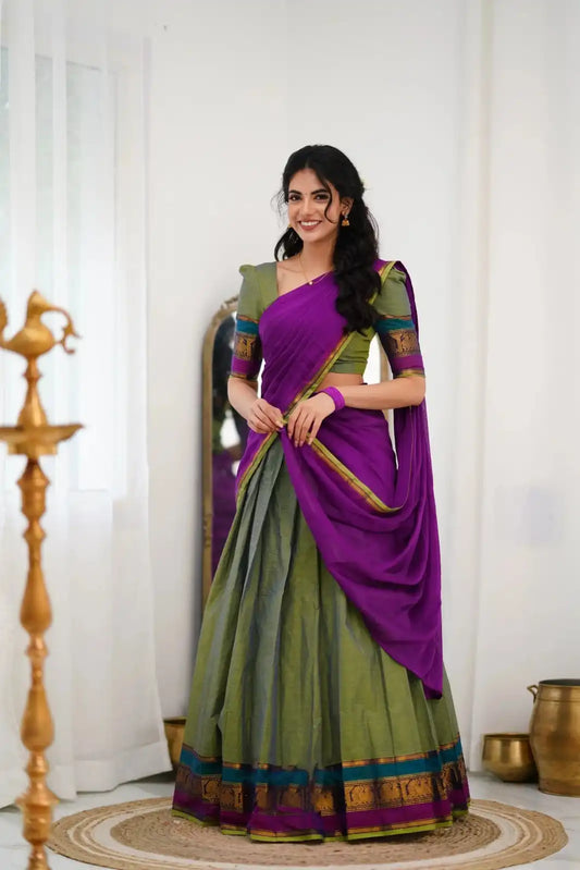 Vally Vol 82 Olive Green Cotton Silk South Style Half Lehenga Saree