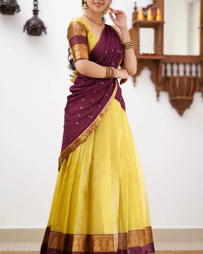 Vally Vol 78 Yellow Cotton Silk South Style Half Lehenga Saree 2025