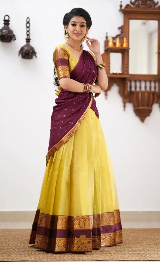 Vally Vol 78 Yellow Cotton Silk South Style Half Lehenga Saree 2025