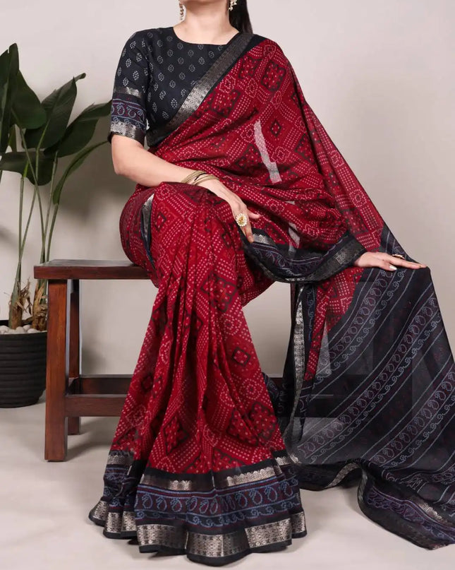 WMN 7046 Viscose Chanderi Bandhej Printed Sari Collection Maroon