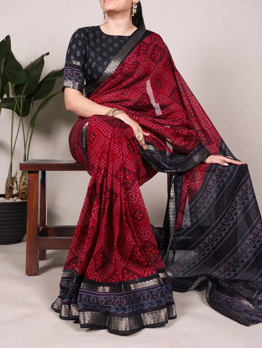 WMN 7046 Viscose Chanderi Bandhej Printed Sari Collection Maroon