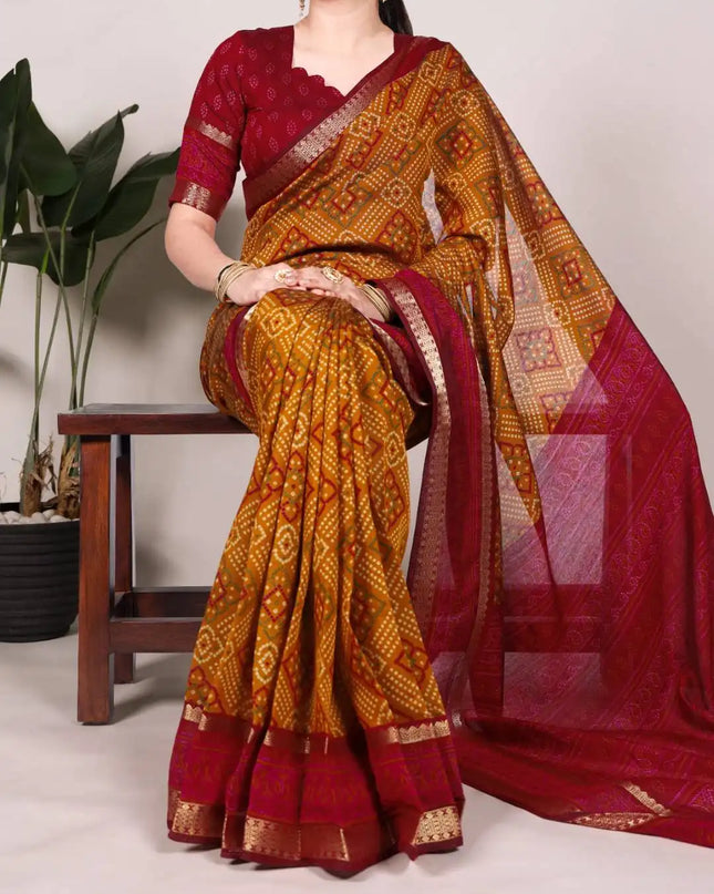 WMN 7046 Viscose Chanderi Bandhej Printed Sari Collection Goldenrod