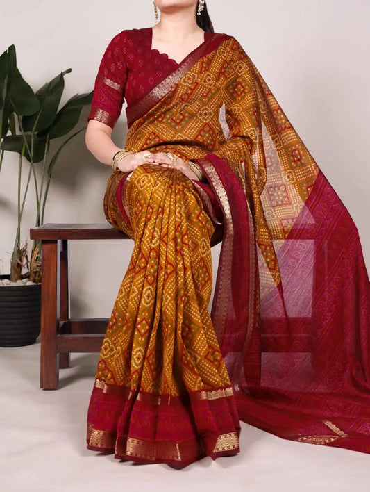 WMN 7046 Viscose Chanderi Bandhej Printed Sari Collection Goldenrod