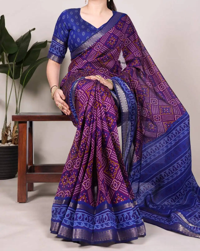 WMN 7046 Viscose Chanderi Bandhej Printed Sari Collection Blue