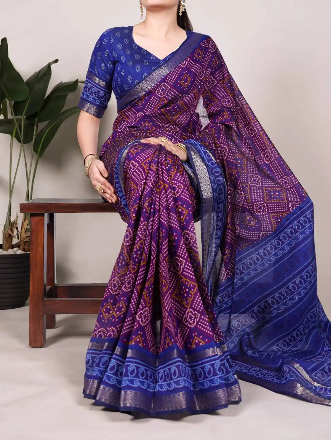 WMN 7046 Viscose Chanderi Bandhej Printed Sari Collection Blue