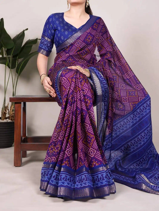 WMN 7046 Viscose Chanderi Bandhej Printed Sari Collection Blue