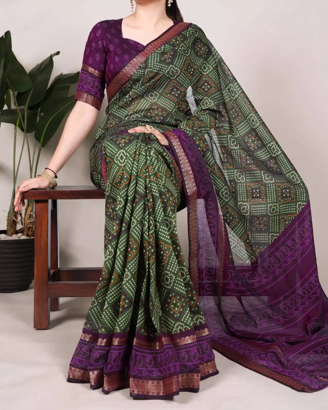 WMN 7046 Viscose Chanderi Bandhej Printed Sari Collection Olive