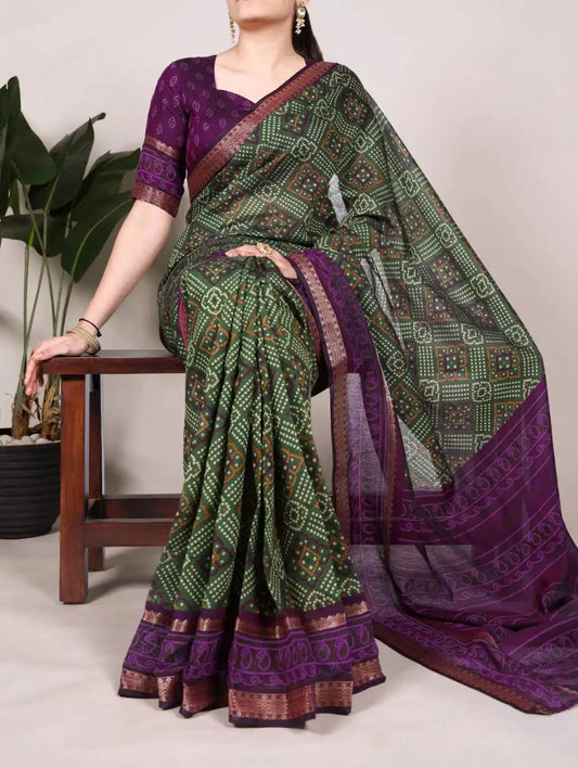WMN 7046 Viscose Chanderi Bandhej Printed Sari Collection Olive