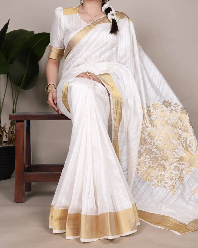 WMN 7903 Onam Raw Silk Sari White