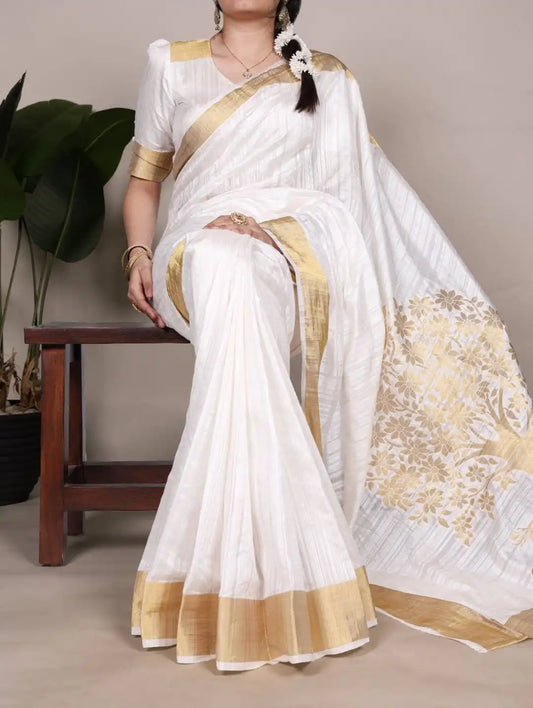 WMN 7903 Onam Raw Silk Sari White