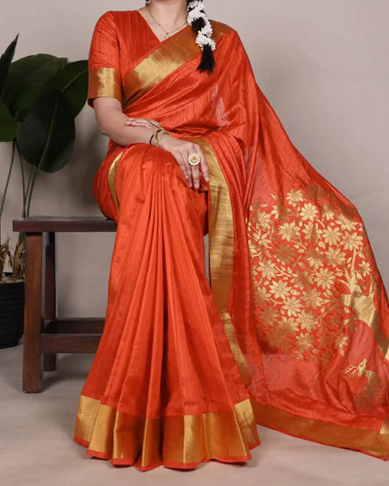 WMN 7903 Onam Raw Silk Saree Rust
