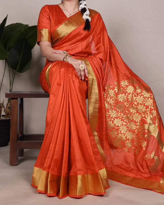 WMN 7903 Onam Raw Silk Saree Rust