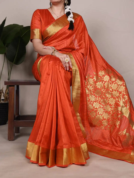 WMN 7903 Onam Raw Silk Saree Rust