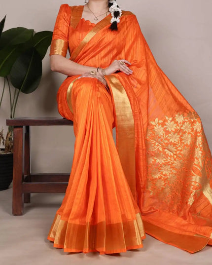 WMN 7903 Onam Raw Silk Saree Redorange