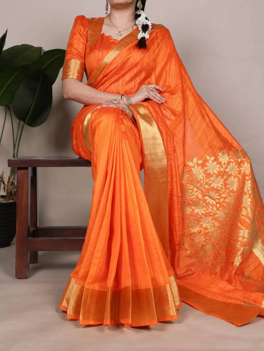 WMN 7903 Onam Raw Silk Saree Redorange