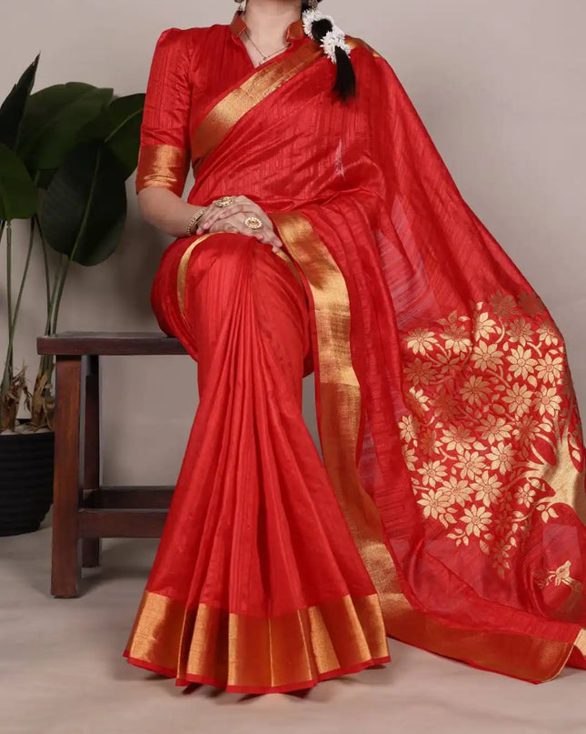 WMN 7903 Onam Raw Silk Saree Carmine