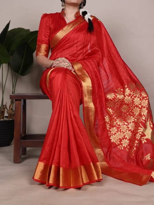 WMN 7903 Onam Raw Silk Saree Carmine
