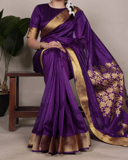 WMN 7903 Onam Raw Silk Saree Eggplant