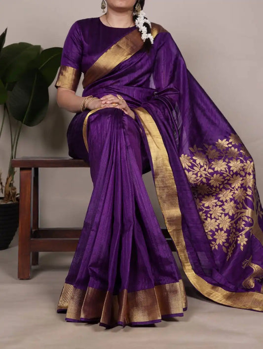 WMN 7903 Onam Raw Silk Saree Eggplant