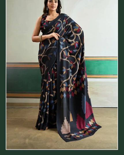 Rajtex Pure Ajrakh  Casual Wear Modal Satin Printed Sari Black