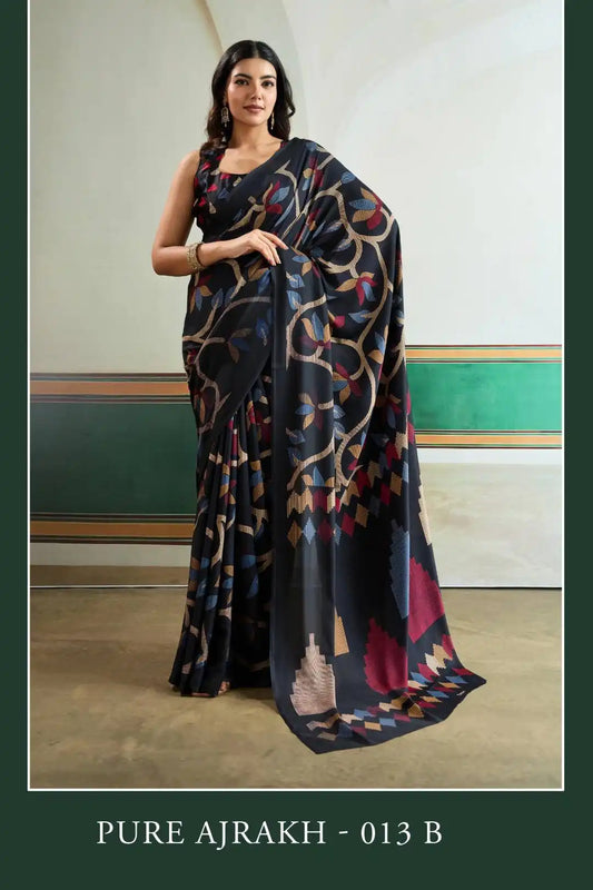 Rajtex Pure Ajrakh  Casual Wear Modal Satin Printed Sari Black