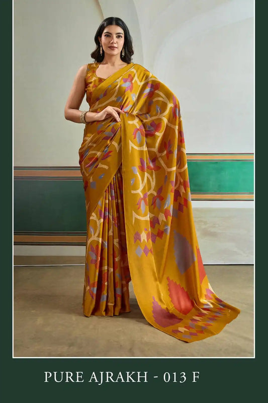 Rajtex Pure Ajrakh Casual Wear Modal Satin Printed Sari Bronze