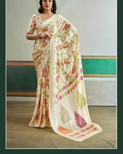 Rajtex Pure Ajrakh Casual Wear Modal Satin Printed Sari Bisque