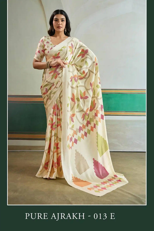 Rajtex Pure Ajrakh Casual Wear Modal Satin Printed Sari Bisque