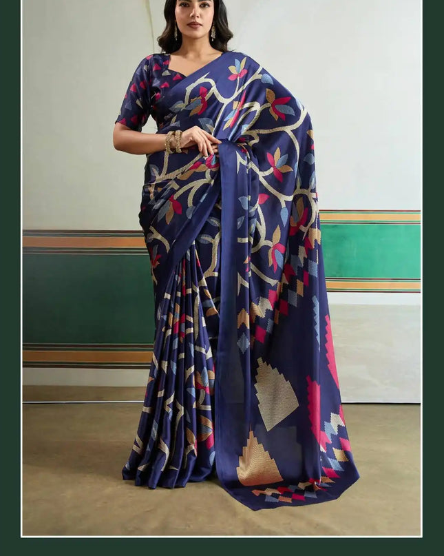 Rajtex Pure Ajrakh  Casual Wear Modal Satin Printed Sari Blue