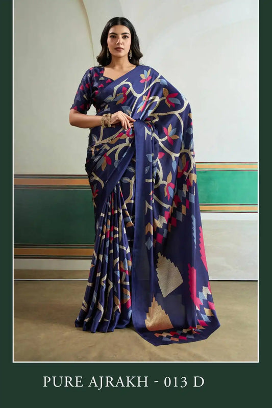 Rajtex Pure Ajrakh  Casual Wear Modal Satin Printed Sari Blue
