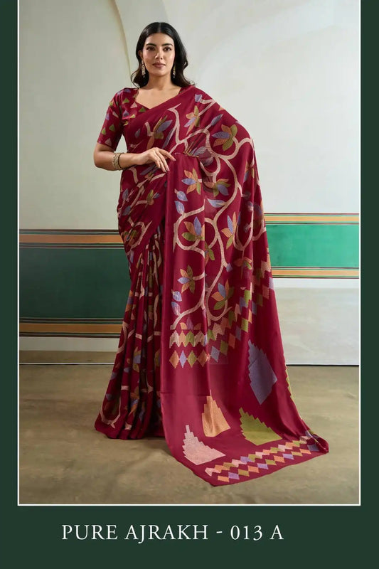 Rajtex Pure Ajrakh  Casual Wear Modal Satin Printed Sari Plum