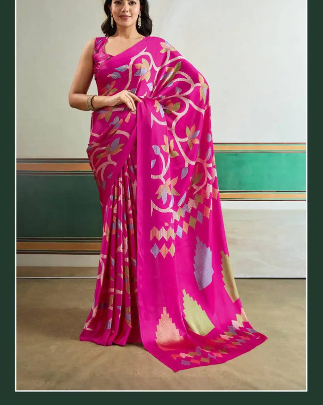 Rajtex Pure Ajrakh  Casual Wear Modal Satin Printed Sari Rosepink