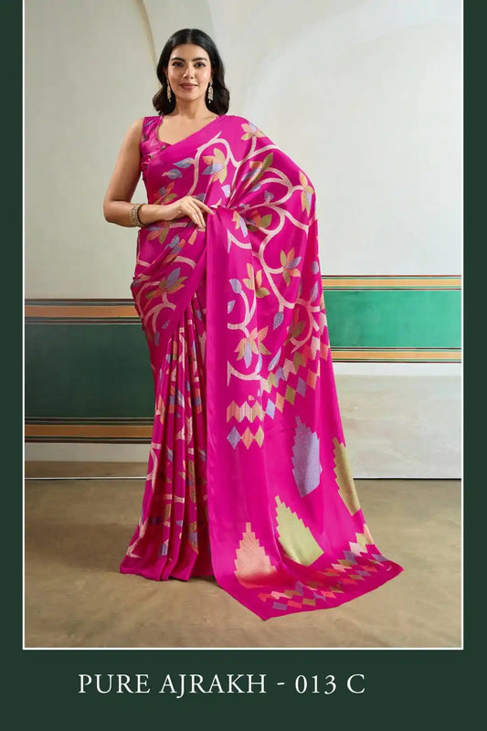 Rajtex Pure Ajrakh  Casual Wear Modal Satin Printed Sari Rosepink