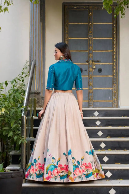 WMN 1131 Tussar Silk Floral Printed Co-ord Set Skirt Top 2025