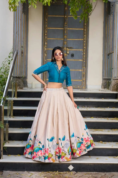 WMN 1131 Tussar Silk Floral Printed Co-ord Set Skirt Top 2025