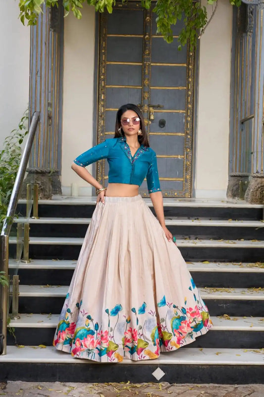 WMN 1131 Tussar Silk Floral Printed Co-ord Set Skirt Top 2025