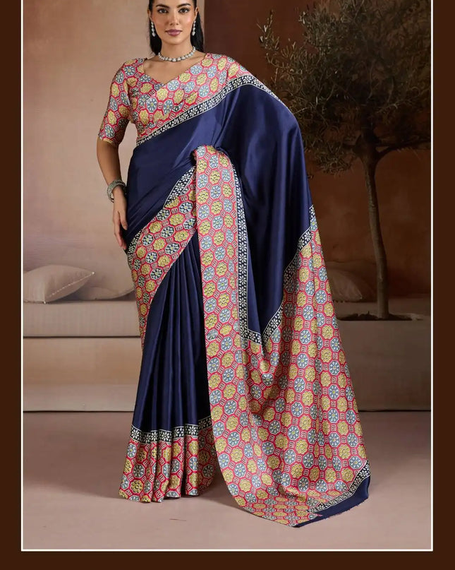 Rajtex Pure Ajrakh  Modal Satin Printed Sari Collection Blue