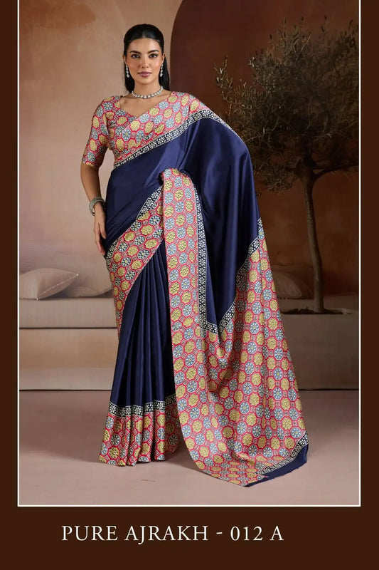 Rajtex Pure Ajrakh  Modal Satin Printed Sari Collection Blue