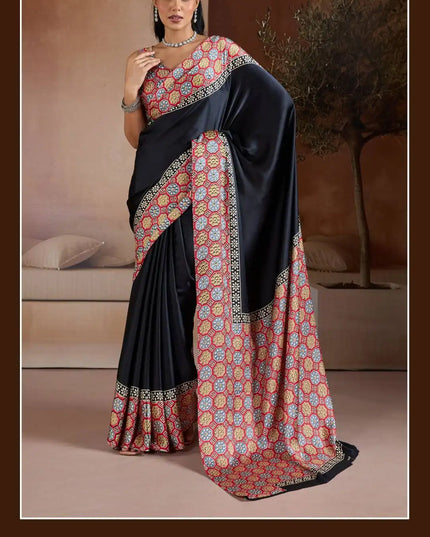Rajtex Pure Ajrakh 012 Modal Satin Printed Sari Collection Black