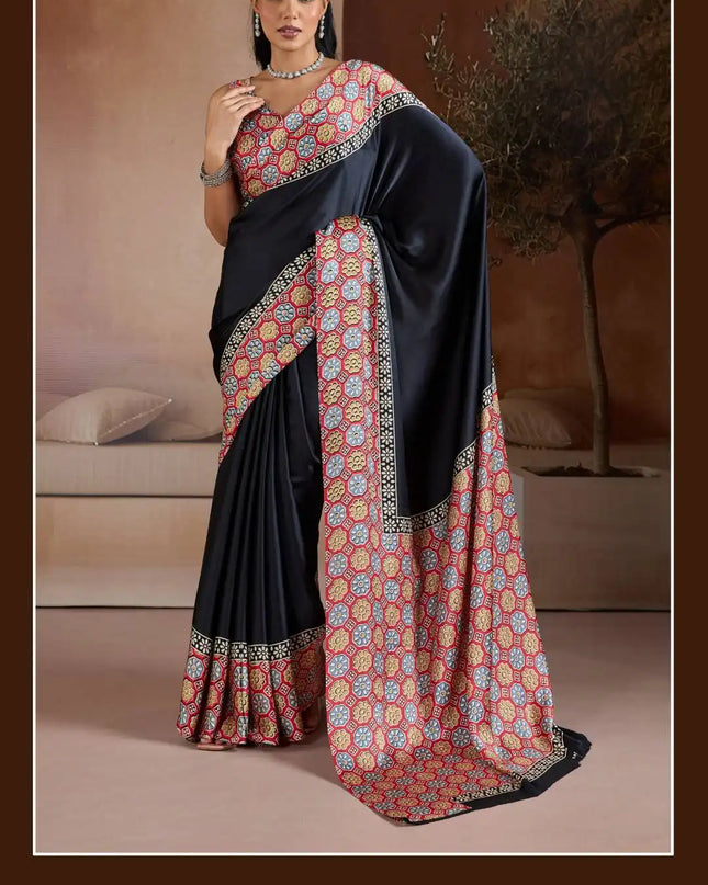 Rajtex Pure Ajrakh 012 Modal Satin Printed Sari Collection Black