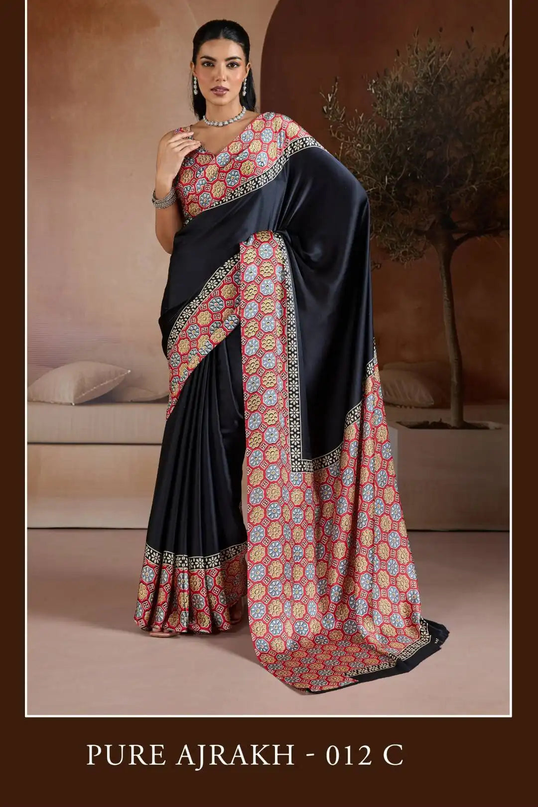 Rajtex Pure Ajrakh 012 Modal Satin Printed Sari Collection Black