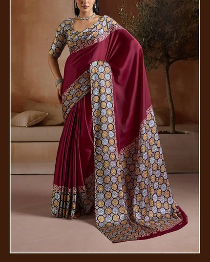 Rajtex Pure Ajrakh 012 Modal Satin Printed Sari Collection Maroon
