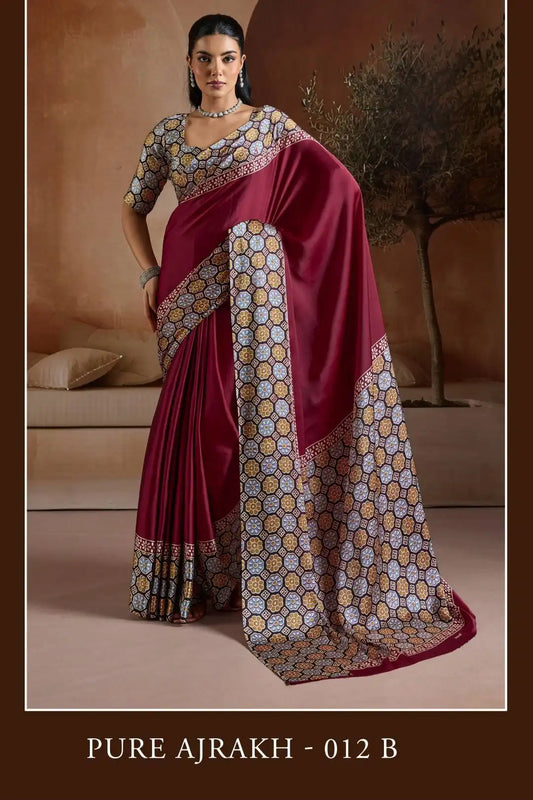 Rajtex Pure Ajrakh 012 Modal Satin Printed Sari Collection Maroon