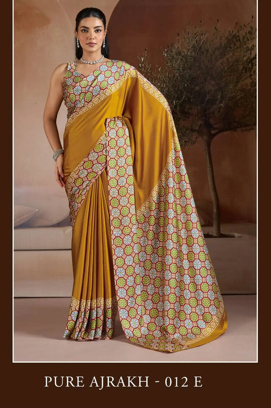 Rajtex Pure Ajrak 012 Modal Satin Printed Sari Collection Bronze