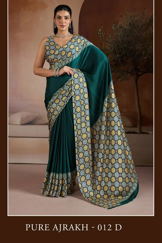 Rajtex Pure Ajrakh 012 Modal Satin Printed Sari Collection Jade