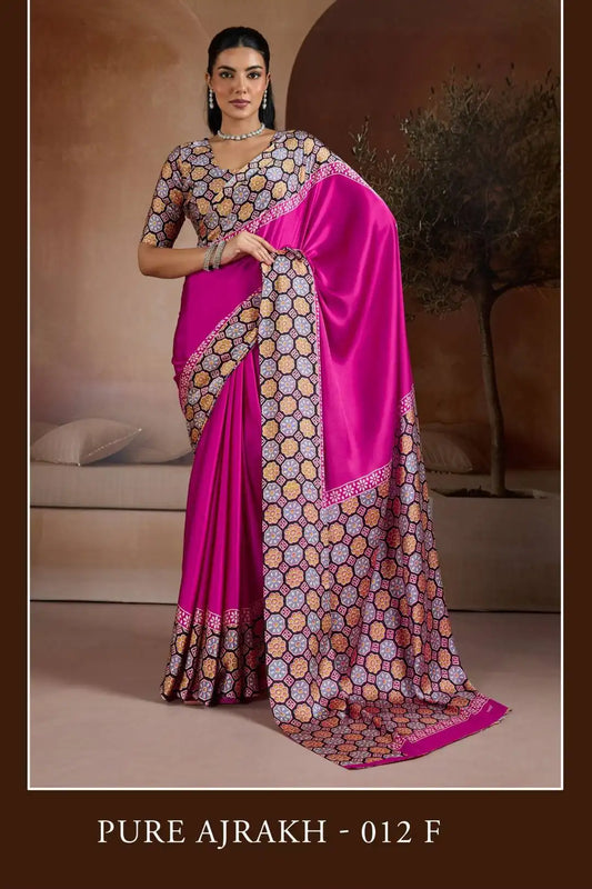Rajtex Pure Ajrakh  Modal Satin Printed Sari Collection Redviolet
